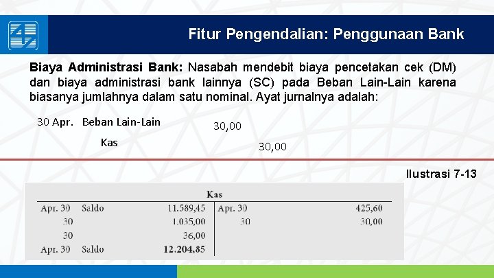 Fitur Pengendalian: Penggunaan Bank Biaya Administrasi Bank: Nasabah mendebit biaya pencetakan cek (DM) dan