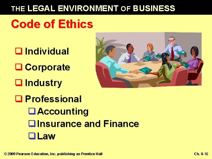 THE LEGAL ENVIRONMENT OF BUSINESS Code of Ethics q Individual q Corporate q Industry