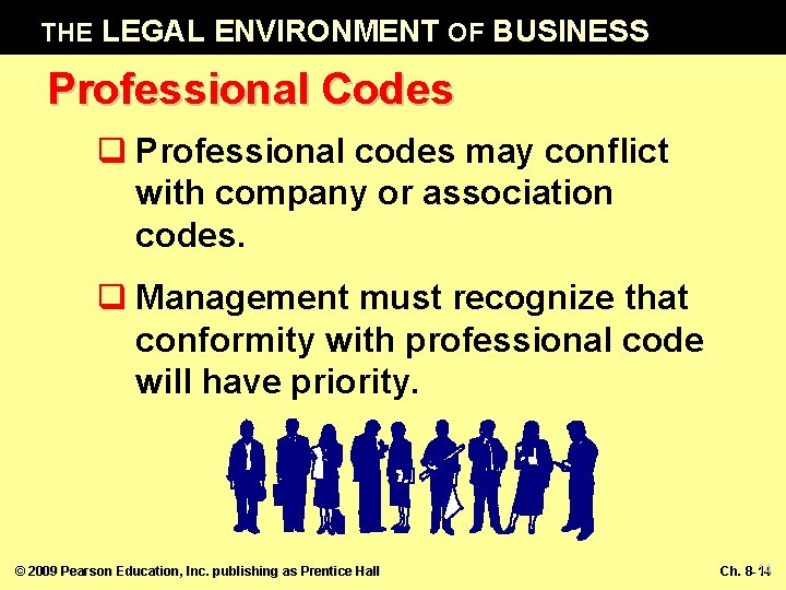 THE LEGAL ENVIRONMENT OF BUSINESS Professional Codes q Professional codes may conflict with company