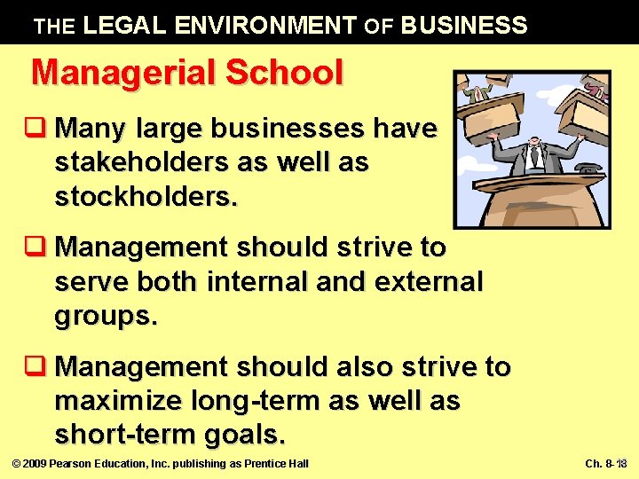 THE LEGAL ENVIRONMENT OF BUSINESS Managerial School q Many large businesses have stakeholders as
