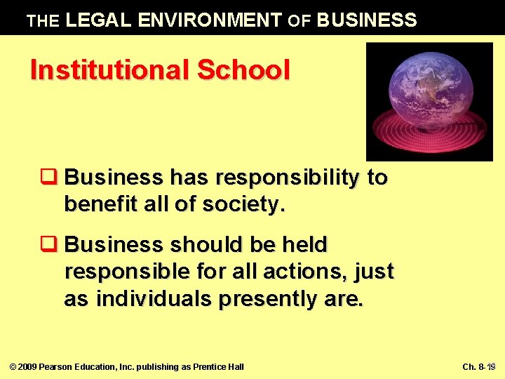 THE LEGAL ENVIRONMENT OF BUSINESS Institutional School q Business has responsibility to benefit all