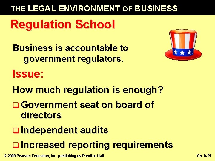 THE LEGAL ENVIRONMENT OF BUSINESS Regulation School Business is accountable to government regulators. Issue: