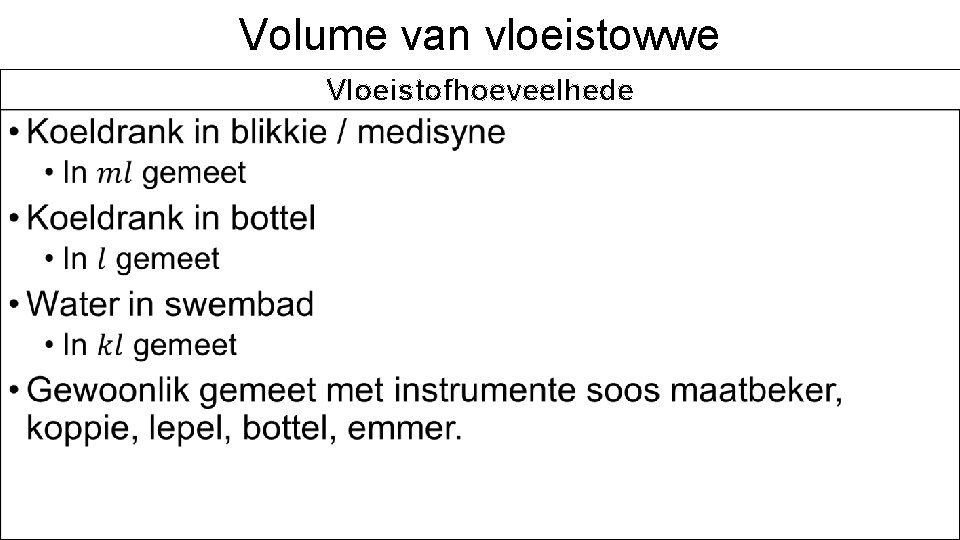 Volume van vloeistowwe Vloeistofhoeveelhede • 