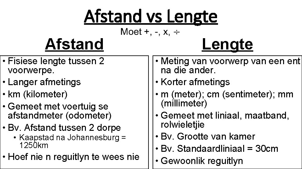 Afstand vs Lengte Afstand • Fisiese lengte tussen 2 voorwerpe. • Langer afmetings •