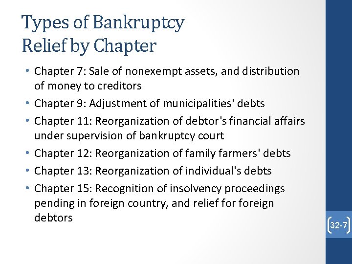 Types of Bankruptcy Relief by Chapter • Chapter 7: Sale of nonexempt assets, and