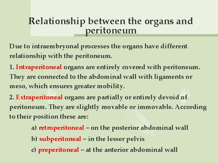 Relationship between the organs and peritoneum Due to intraembryonal processes the organs have different