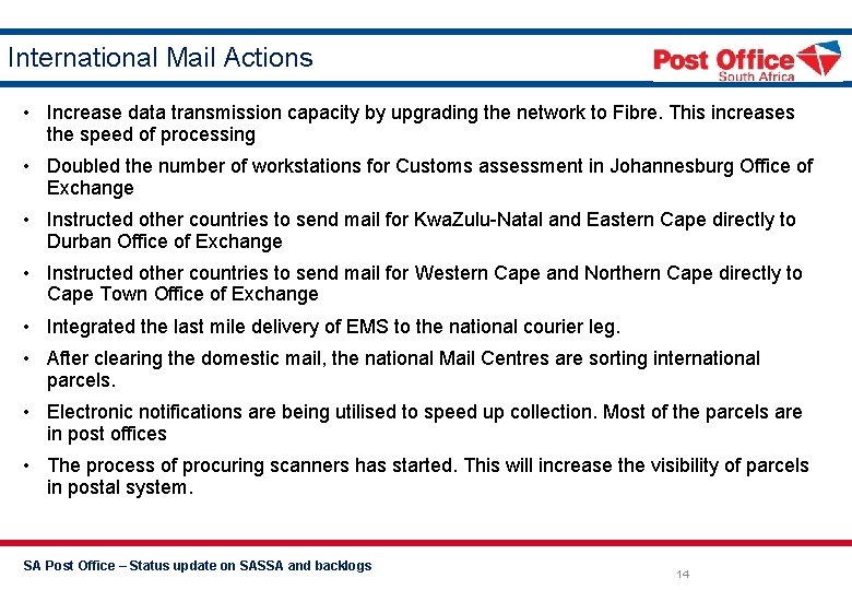 International Mail Actions • Increase data transmission capacity by upgrading the network to Fibre.