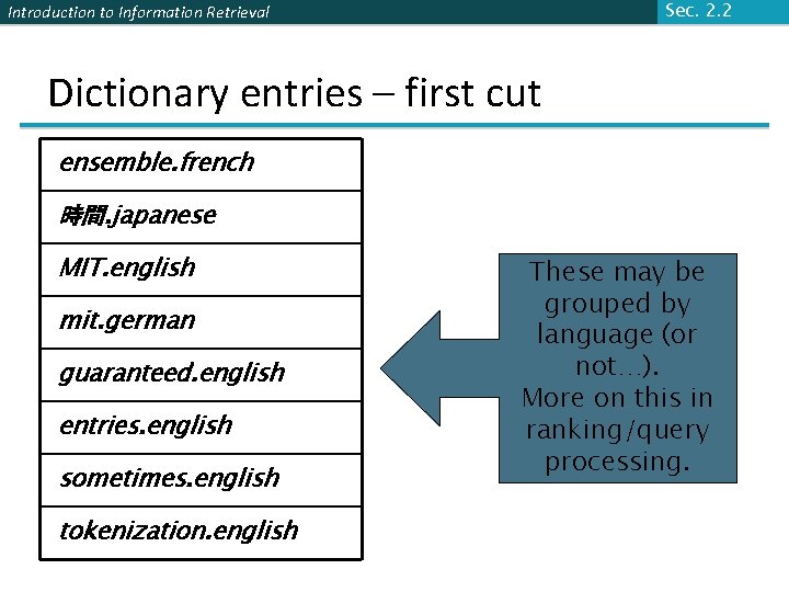 Sec. 2. 2 Introduction to Information Retrieval Dictionary entries – first cut ensemble. french
