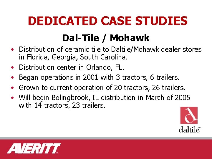 DEDICATED CASE STUDIES Dal-Tile / Mohawk • Distribution of ceramic tile to Daltile/Mohawk dealer