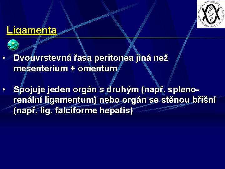 Ligamenta • Dvouvrstevná řasa peritonea jiná než mesenterium + omentum • Spojuje jeden orgán