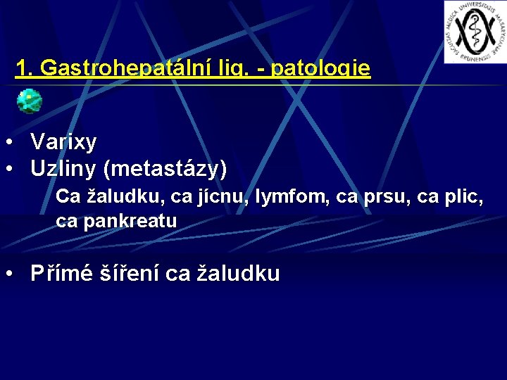 1. Gastrohepatální lig. - patologie • Varixy • Uzliny (metastázy) Ca žaludku, ca jícnu,