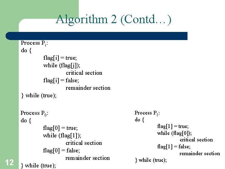 Algorithm 2 (Contd…) Process Pi: do { flag[i] = true; while (flag[j]); critical section