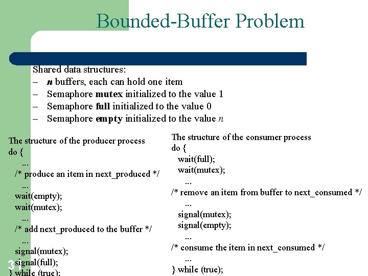 Bounded-Buffer Problem Shared data structures: – n buffers, each can hold one item –