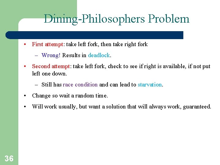 Dining-Philosophers Problem • First attempt: take left fork, then take right fork – Wrong!