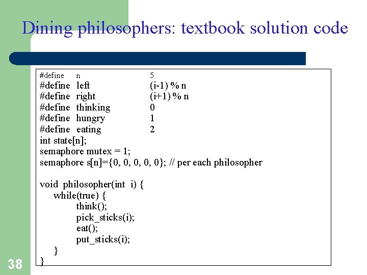 Dining philosophers: textbook solution code #define n 5 #define left (i-1) % n #define