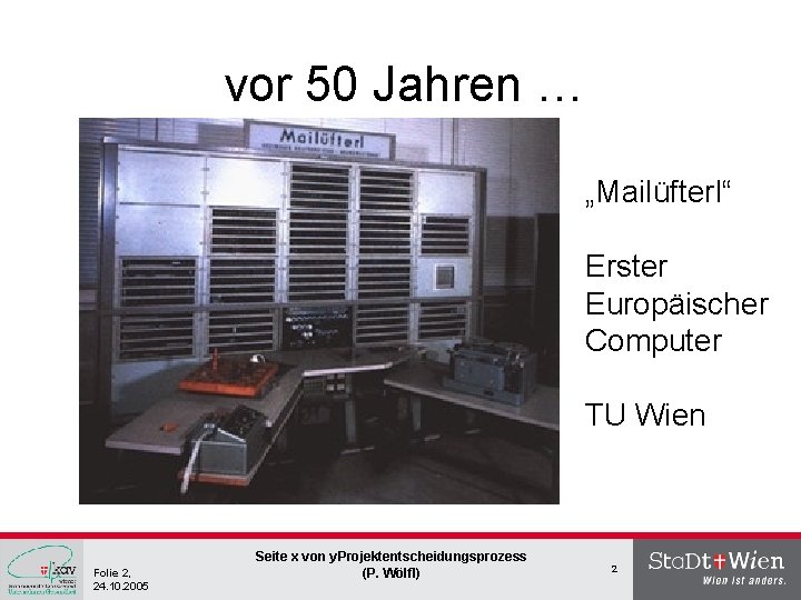 vor 50 Jahren … „Mailüfterl“ Erster Europäischer Computer TU Wien Folie 2, 24. 10.