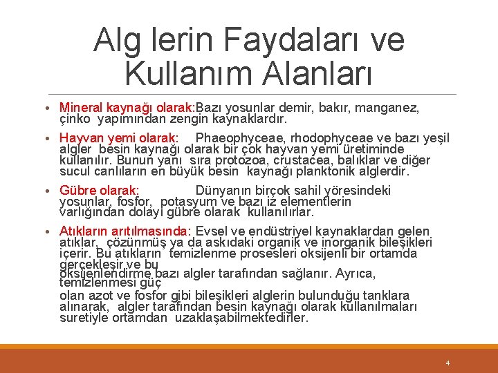 Alg lerin Faydaları ve Kullanım Alanları • Mineral kaynağı olarak: Bazı yosunlar demir, bakır,