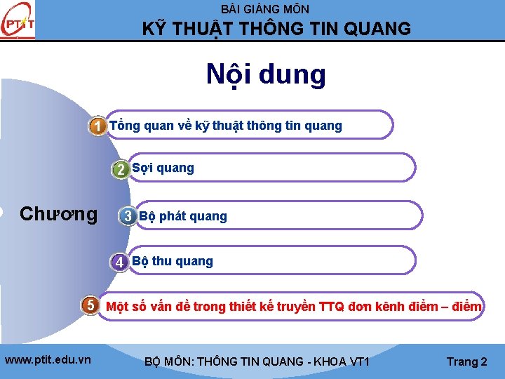 BÀI GIẢNG MÔN KỸ THUẬT THÔNG TIN QUANG Nội dung 1 Tổng quan về