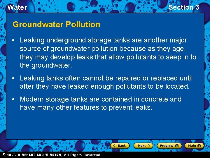 Water Section 3 Groundwater Pollution • Leaking underground storage tanks are another major source
