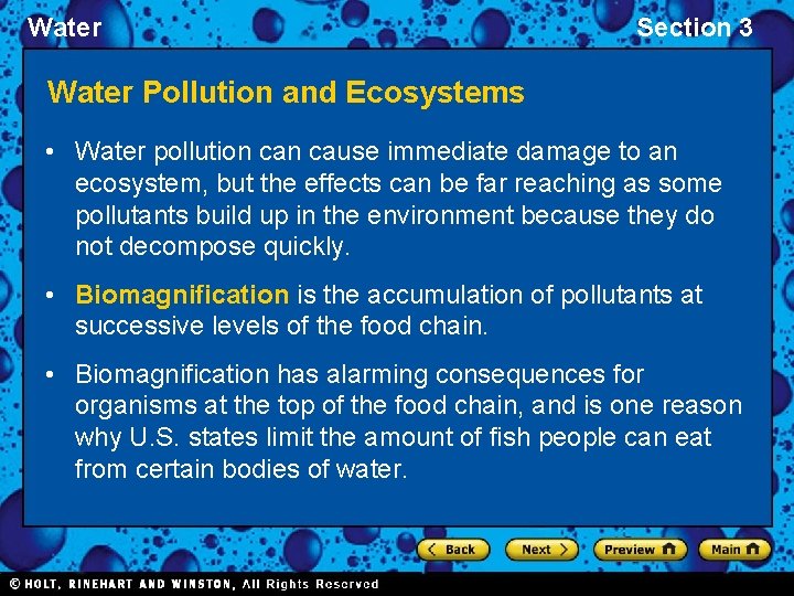 Water Section 3 Water Pollution and Ecosystems • Water pollution cause immediate damage to