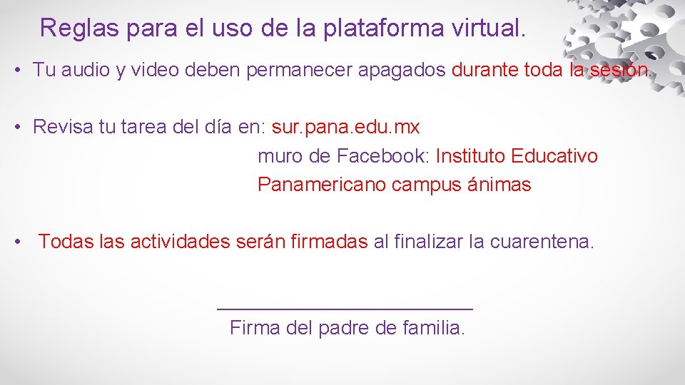 Reglas para el uso de la plataforma virtual. • Tu audio y video deben