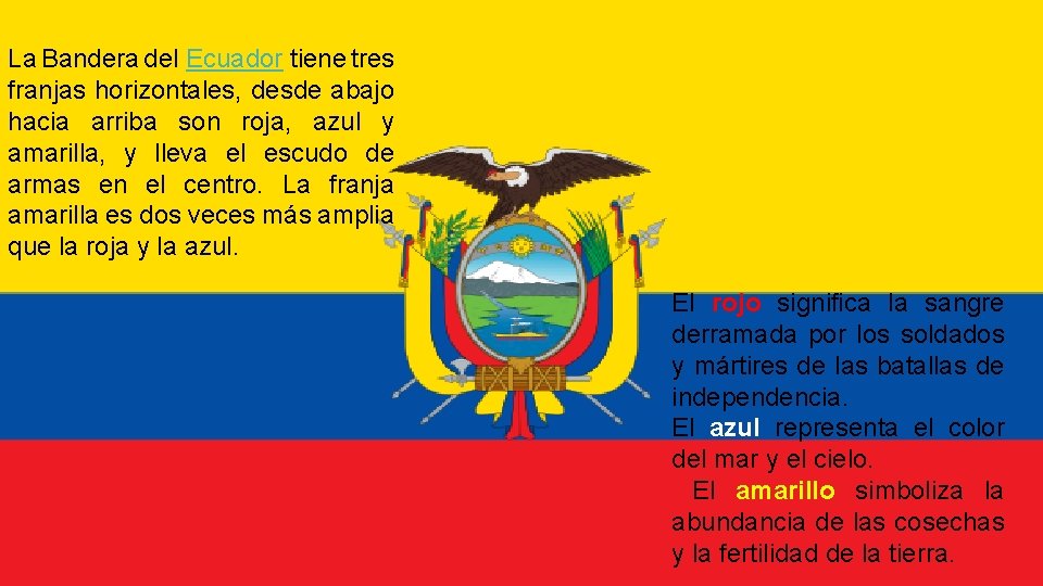 La Bandera del Ecuador tiene tres franjas horizontales, desde abajo hacia arriba son roja,