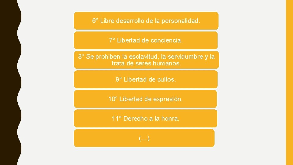 6° Libre desarrollo de la personalidad. 7° Libertad de conciencia. 8° Se prohiben la