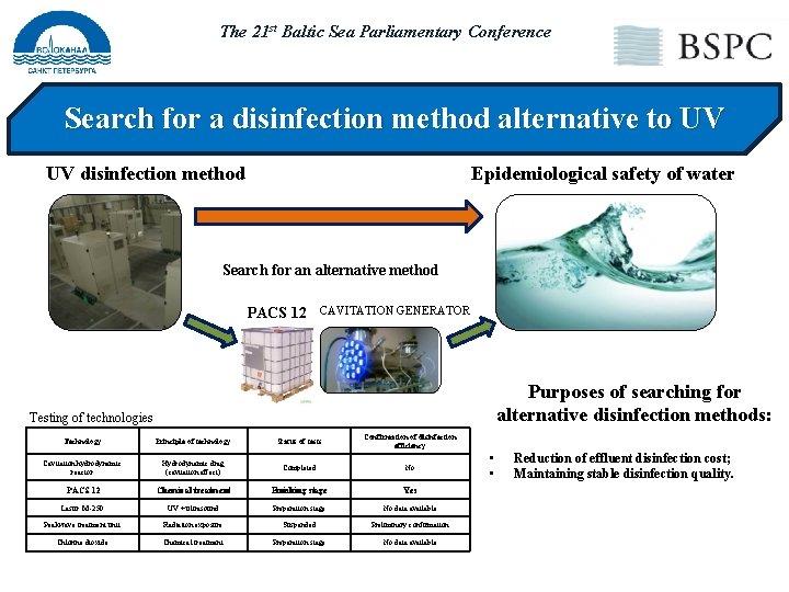 The 21 st Baltic Sea Parliamentary Conference Search for a disinfection method alternative to