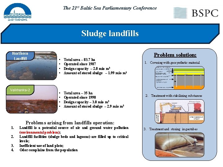 The 21 st Baltic Sea Parliamentary Conference Sludge landfills Northern Landfill Volkhonka– 2 •