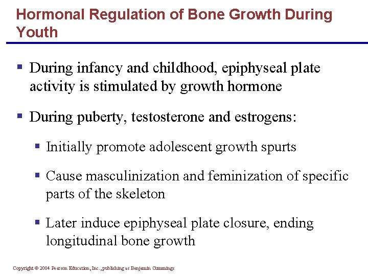 Hormonal Regulation of Bone Growth During Youth § During infancy and childhood, epiphyseal plate