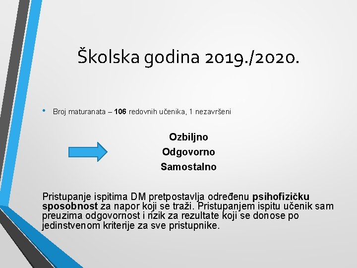 Školska godina 2019. /2020. • Broj maturanata – 106 redovnih učenika, 1 nezavršeni Ozbiljno