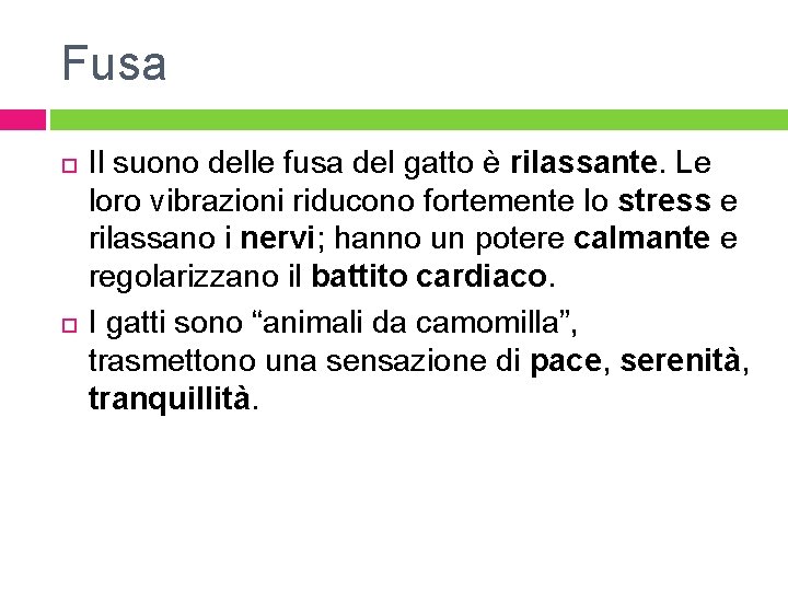 Fusa Il suono delle fusa del gatto è rilassante. Le loro vibrazioni riducono fortemente