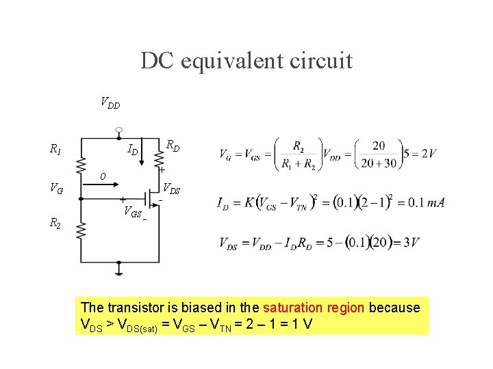 DC equivalent circuit VDD R 1 VG R 2 RD ID + 0 VDS