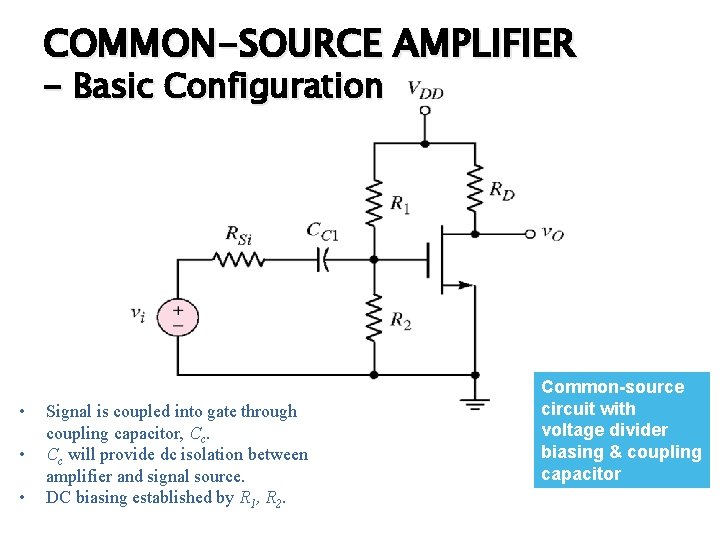 COMMON-SOURCE AMPLIFIER - Basic Configuration • • • Signal is coupled into gate through
