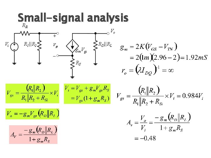 Small-signal analysis R Si Vo + Vi R 1||R 2 Vgs _ gm. Vgs