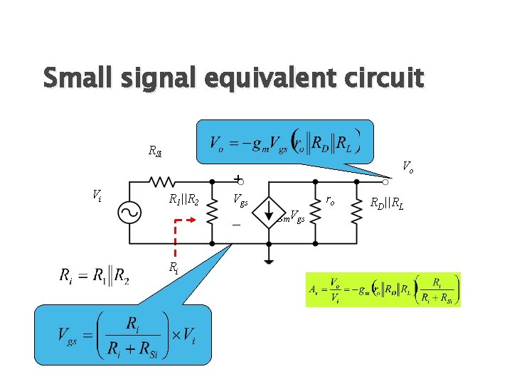 Small signal equivalent circuit RSi Vo + Vi R 1||R 2 Vgs _ Ri