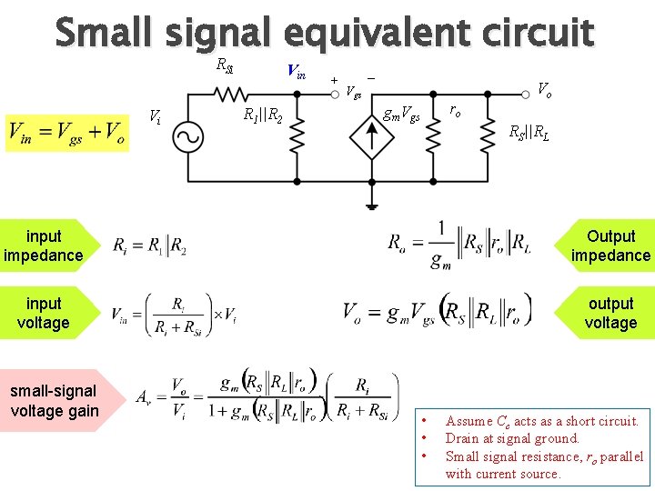 Small signal equivalent circuit RSi Vi Vin R 1||R 2 + _ Vgs ro