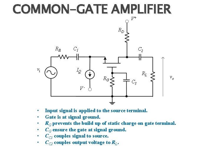 COMMON-GATE AMPLIFIER V+ RD RSi vi C 1 C 2 IQ RG V- •
