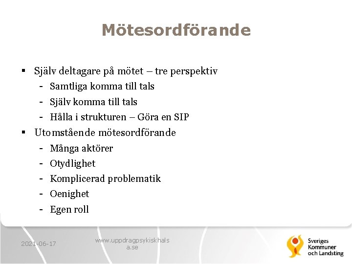 Mötesordförande § Själv deltagare på mötet – tre perspektiv - Samtliga komma till tals