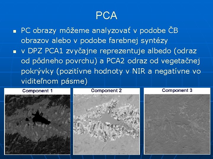 PCA n n PC obrazy môžeme analyzovať v podobe ČB obrazov alebo v podobe