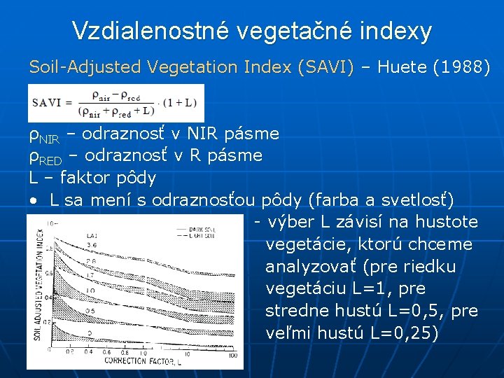 Vzdialenostné vegetačné indexy Soil-Adjusted Vegetation Index (SAVI) – Huete (1988) ρNIR – odraznosť v
