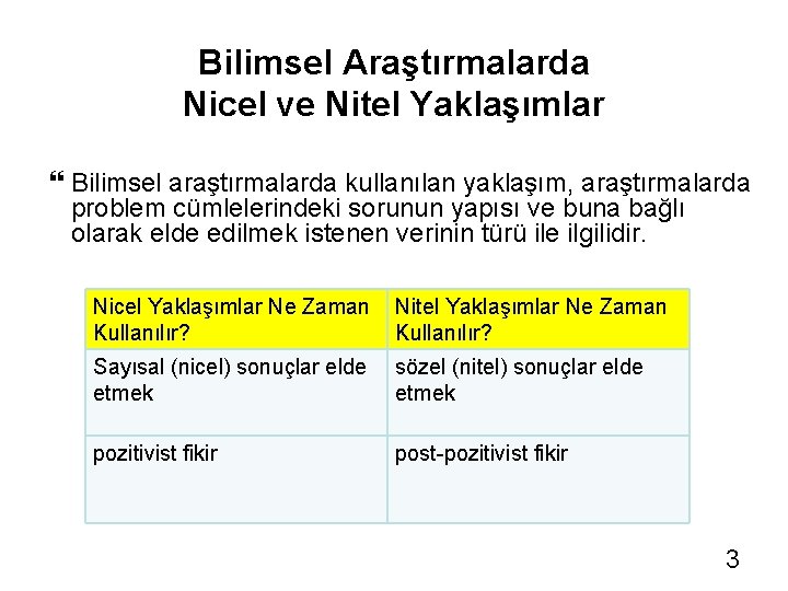 Bilimsel Araştırmalarda Nicel ve Nitel Yaklaşımlar Bilimsel araştırmalarda kullanılan yaklaşım, araştırmalarda problem cümlelerindeki sorunun