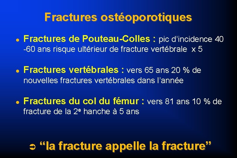 Fractures ostéoporotiques Fractures de Pouteau-Colles : pic d’incidence 40 -60 ans risque ultérieur de