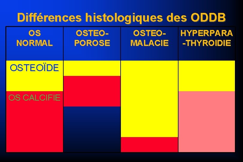 Différences histologiques des ODDB OS NORMAL OSTEOÏDE OS CALCIFIE OSTEOPOROSE OSTEOMALACIE HYPERPARA -THYROIDIE 