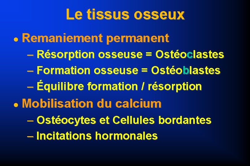 Le tissus osseux Remaniement permanent – Résorption osseuse = Ostéoclastes – Formation osseuse =