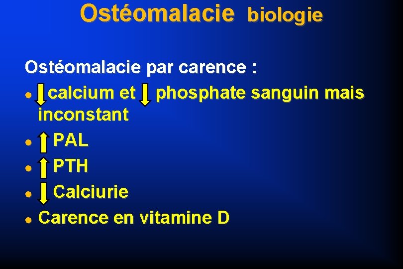 Ostéomalacie biologie Ostéomalacie par carence : calcium et phosphate sanguin mais inconstant PAL PTH