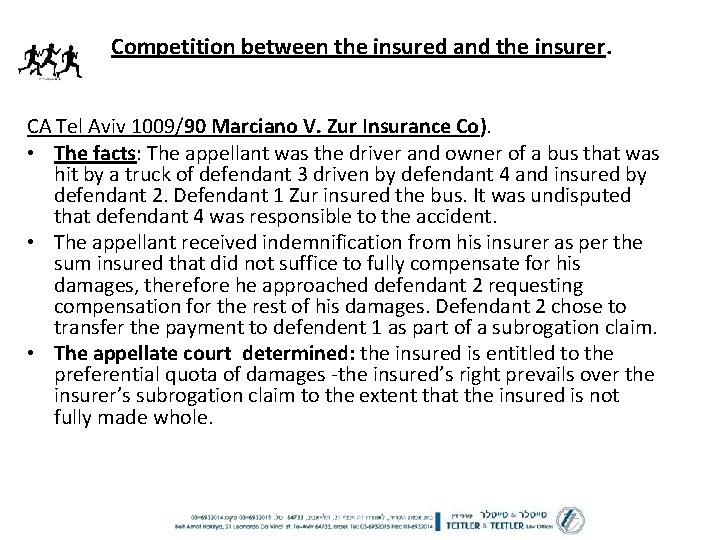 Competition between the insured and the insurer. CA Tel Aviv 1009/90 Marciano V. Zur