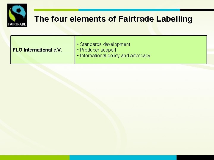FLOof. International The four elements Fairtrade Labelling FLO International e. V. • Standards development