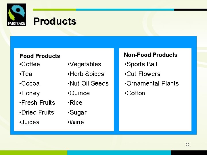 Products FLO International Non-Food Products • Coffee • Vegetables • Sports Ball • Tea