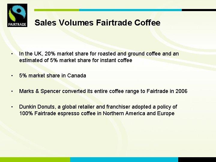 FLO International Sales Volumes Fairtrade Coffee • In the UK, 20% market share for